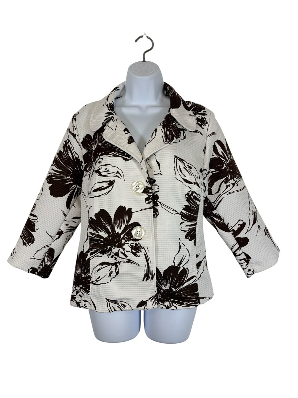 Susan Graver Style Floral Textured Jacket White Brown SzM Career Casual Elegant
